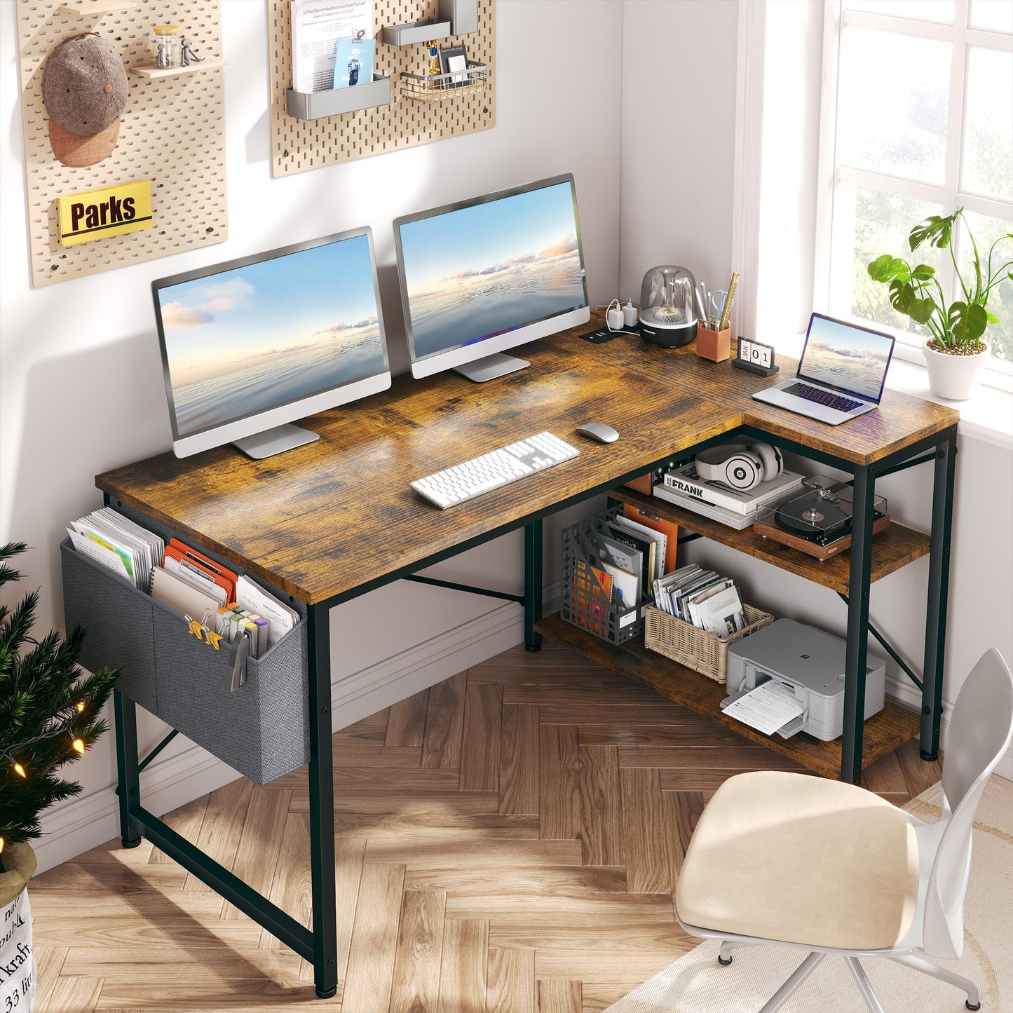 EnHomee 47" Computer Desk with Power Outlets,L Shaped Desk with Storage Shelves,Home Offic Corner Desk for Work,Writing Study Desk with Gaming Desk for Bedroom Office Dorm,Black